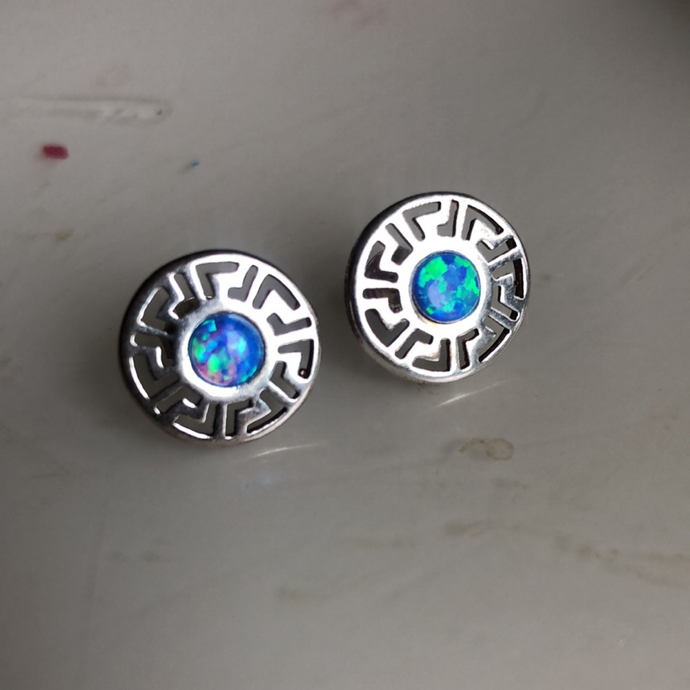 Sterling Silver Opal Greek Earrings - image 2